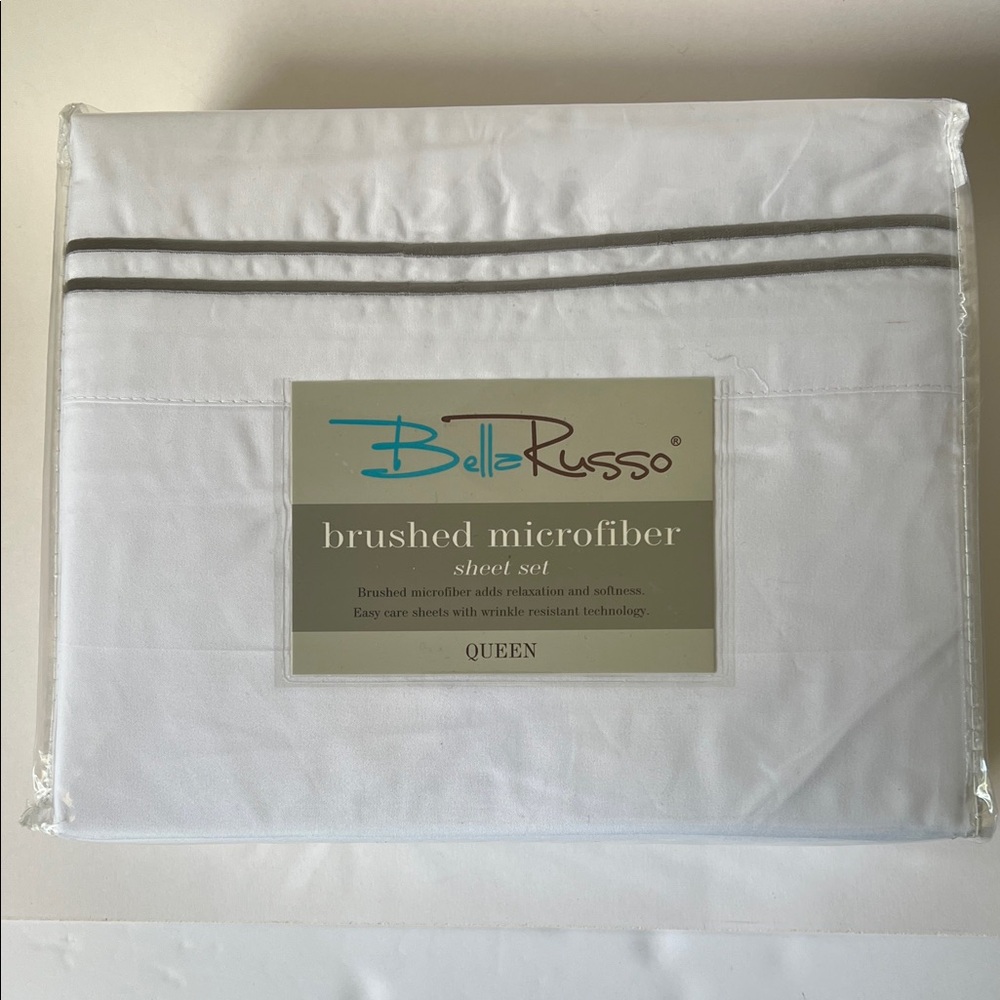 Belle Russo Brushed Microfiber Queen Sheet Set - White with Gray Trim